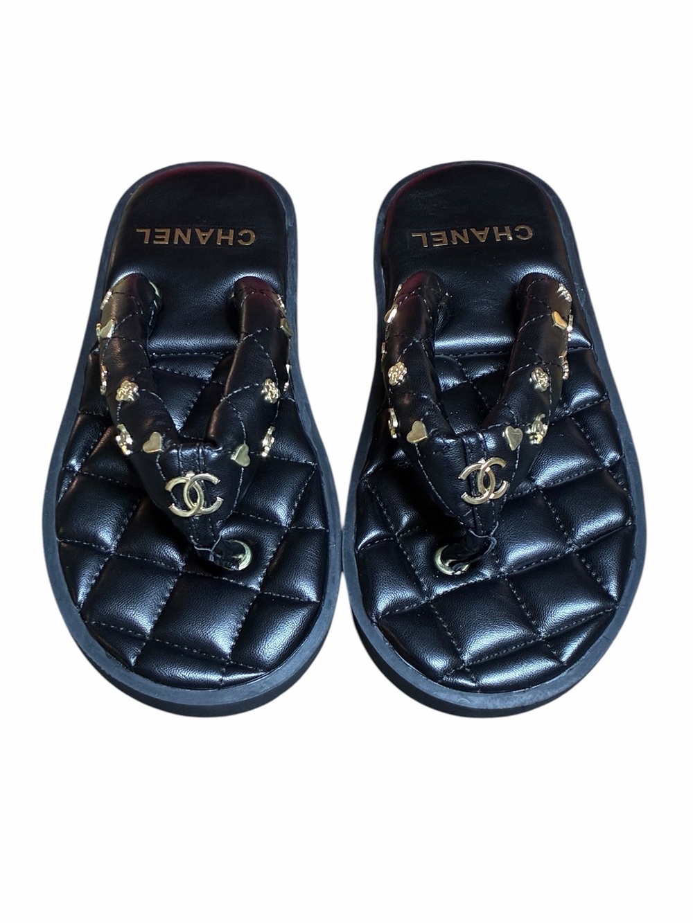 Double C Black Quilted Charm Thong Sandal Flip Flops Size - 9